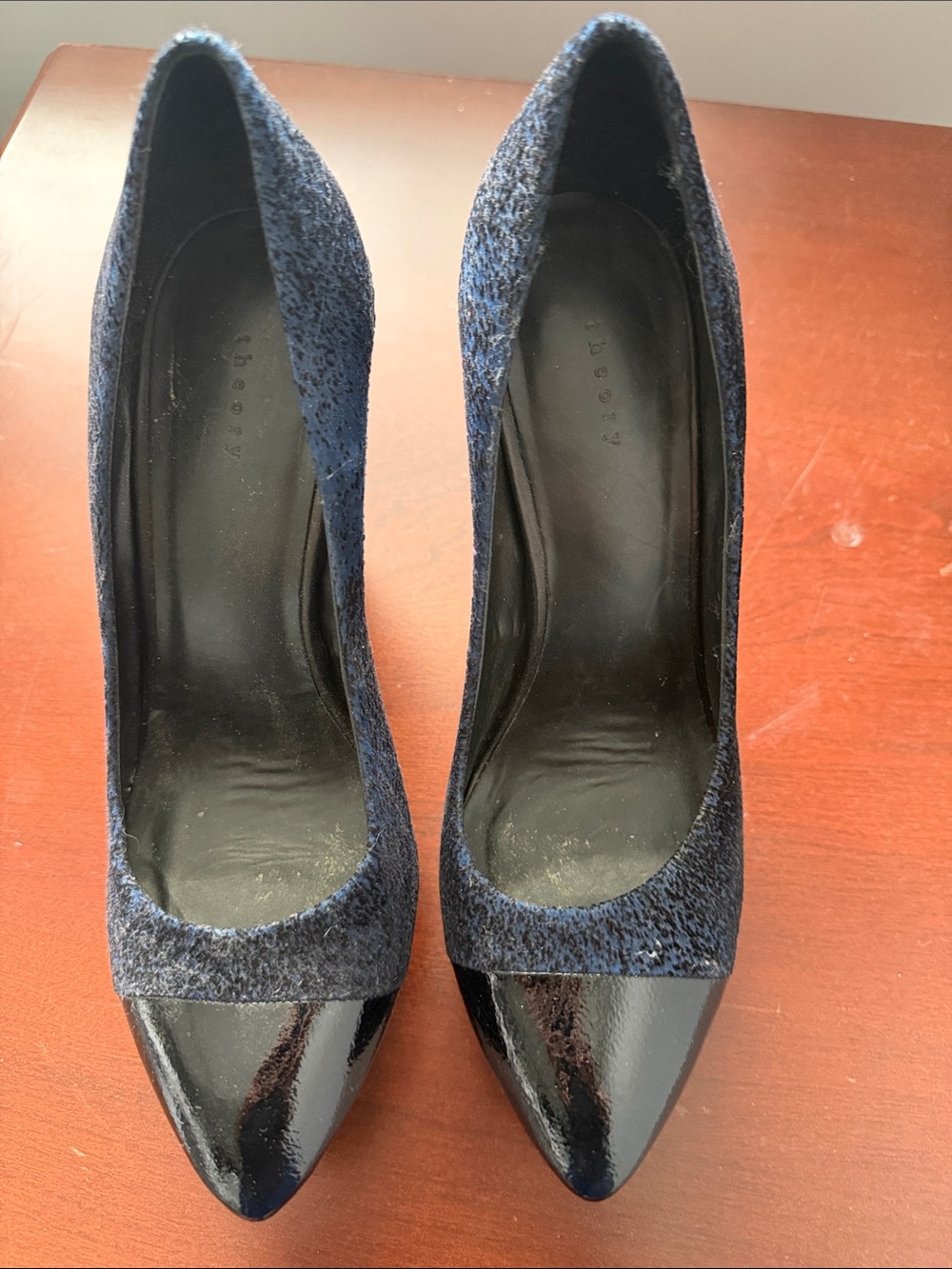 Theory Navy Textured Pumps with Black Patent Toe.